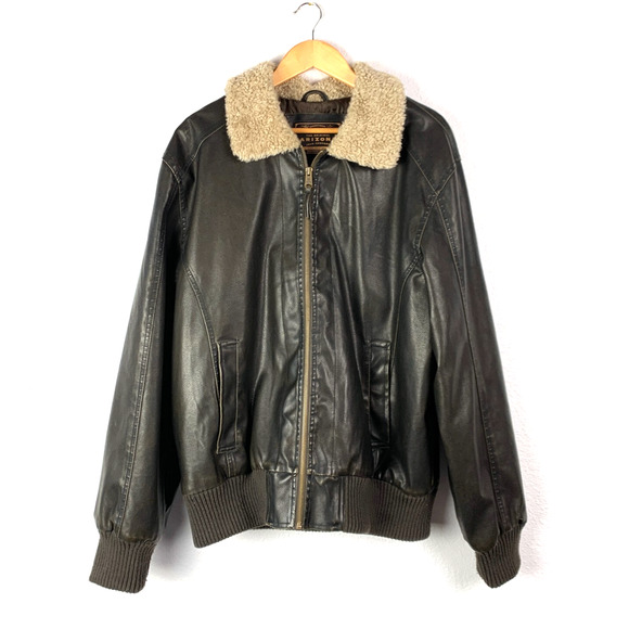 Vintage Y2K Arizona Brown Faux Leather Sherpa Bomber Jacket Mens Large - Picture 1 of 8